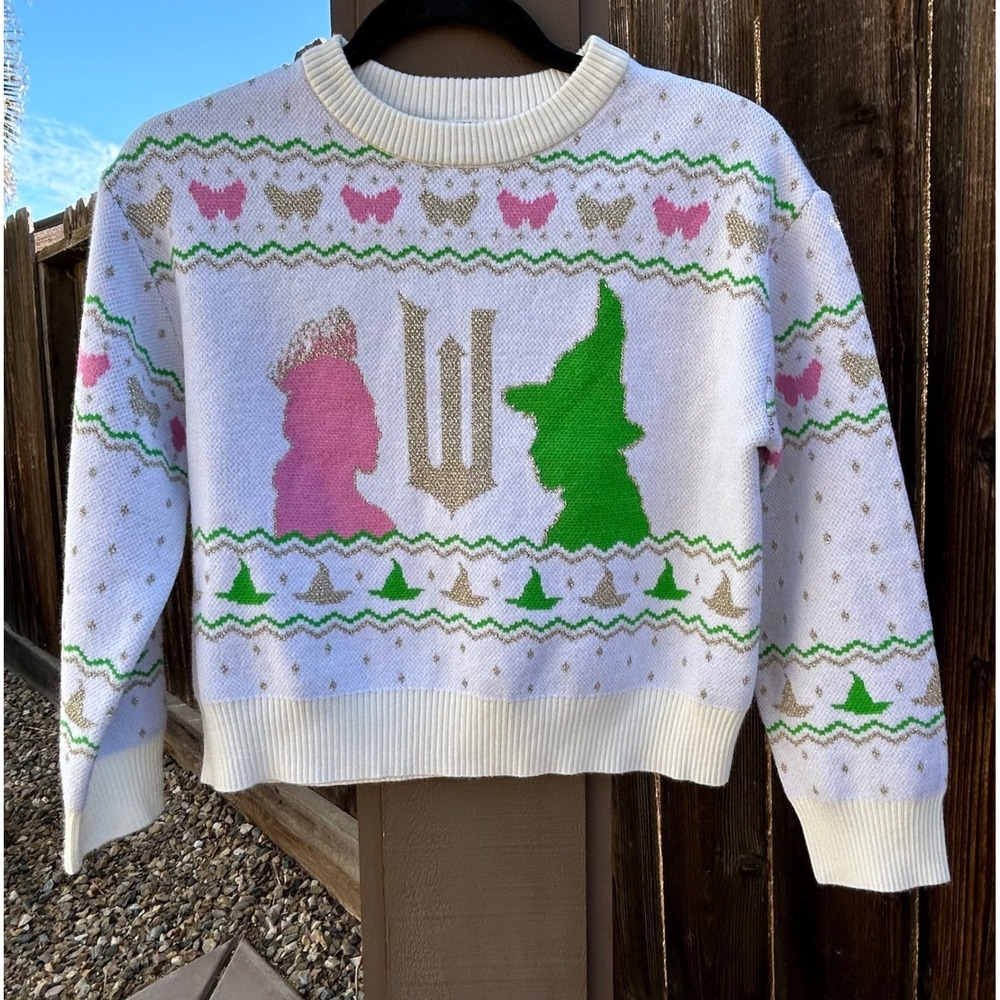 Wicked Girls Size 12 Glinda Elphaba Metallic Holiday Sweater White Pink Green